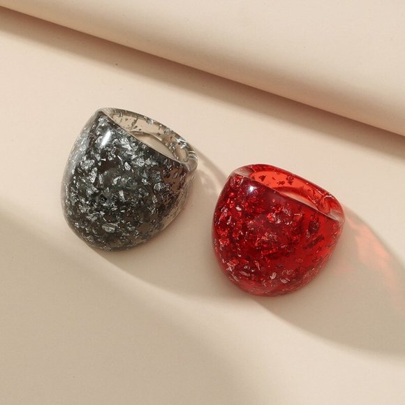 Black & Red Chunky Marble Resin Statement Rings - Picture 3 of 5